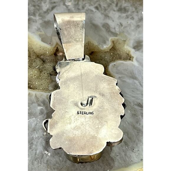 Large Vintage Native Navajo Turquoise Coral Sterling Silver Pendant 2.5” Signed - Picture 5 of 13